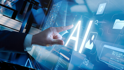 concept of interacting with artificial intelligence on a futuristic screen, AI-based data processing, machine learning for automated content creation, neural networks