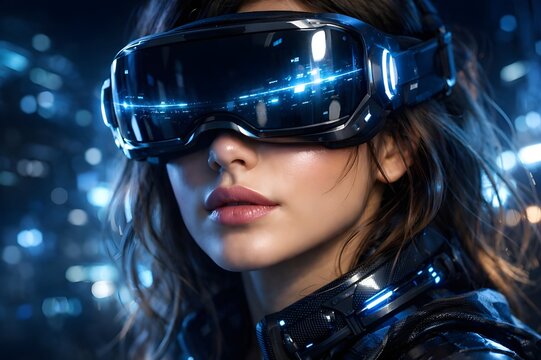 futuristic woman closeup face look of wearing a virtual reality box and futuristic cloth with technical blue and black mixed view