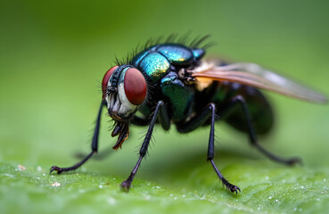 Naklejka premium Black soldier fly Hermetia illucens macro view. Insect has metallic green body, red compound eyes. It sits on a green leaf. This species is used for protein production.