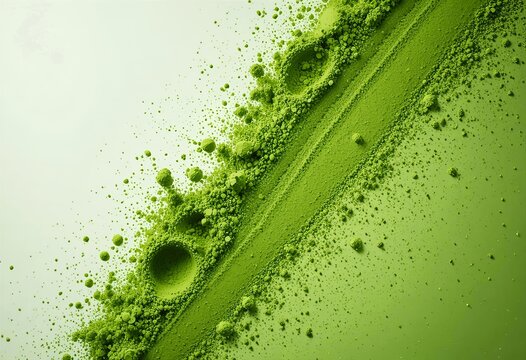 Captivating freeze motion capture of fine green matcha tea powder exploding and splashing dynamically against a clean white background.