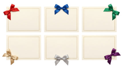 Six blank cream-colored cards with colorful satin bows in a grid layout isolated PNG with Transparent Background
