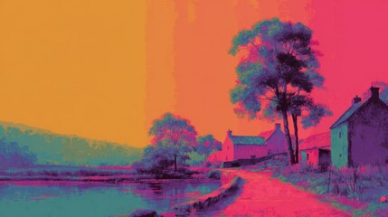  landscape painting of a peaceful village by a lake