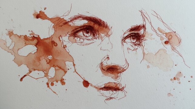 Expressive watercolor portrait of a woman's face with ink splatters