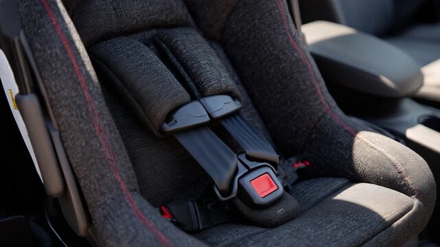 Detail view of infant car seat base connected to ISOFIX anchors in a sedan, safety labels visible, interior textures and stitching highlighted, practical automotive realism