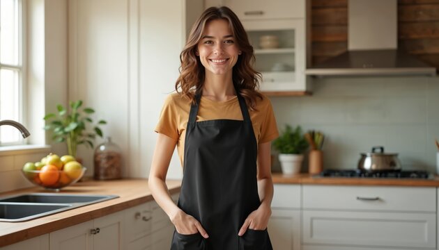 Smiling woman wears blank black apron mockup in modern kitchen. She stands with hands in pockets, ready for culinary work. Perfect for baker, chef or service staff.