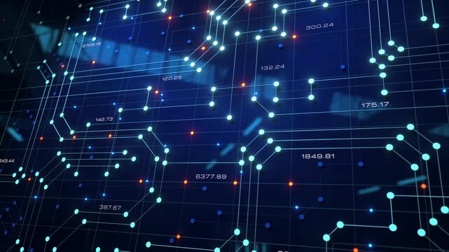 Close up futuristic control panel, circuit board, circuit diagram with traces, partly in defocus. Connections and signal lights. Conductor path, data processing, LED or diode light, technology.