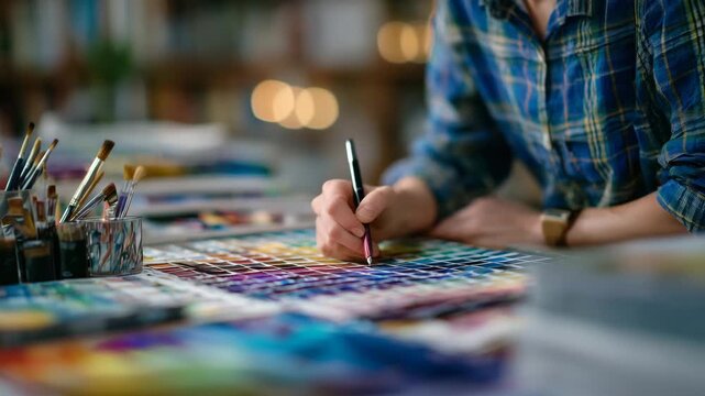 Detailed macro of swatches and printed mock-ups on a design desk, hand hovering over selected color, scattered pens, brushes, and print sheets, creative project preparation scene