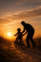 Obraz premium Heartwarming moment of father helping son to ride bicycle at sunset. Family activity promotes joy and connection. Vertical image captures love and adventure in outdoor setting.