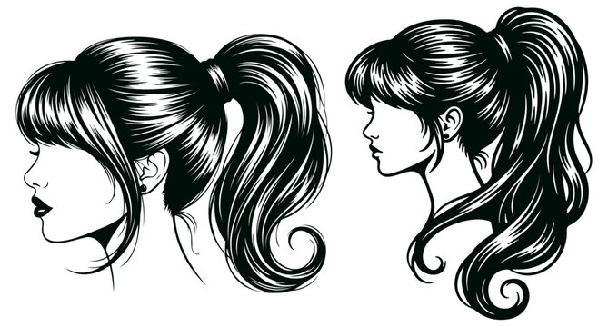 Two stylish women profile views with long ponytails