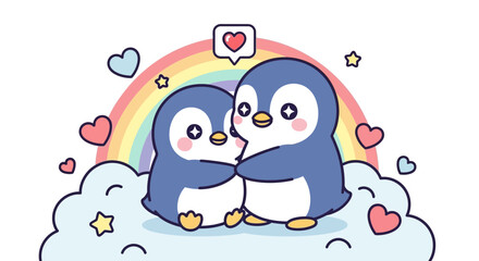 Obraz premium Cute penguin couple embracing with rainbow clouds and hearts whimsical design