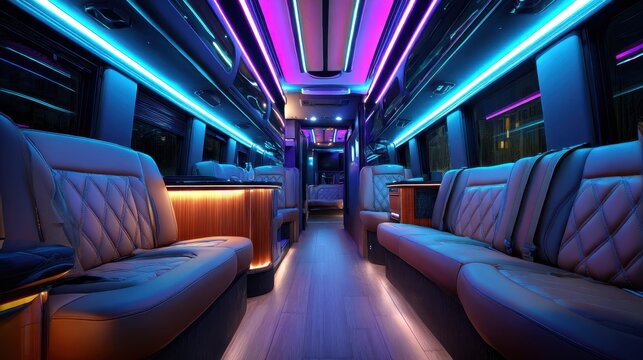 Medium shot showcasing a luxury tour bus interior with plush seating ambient lighting and premium finishes designed for music professionals.