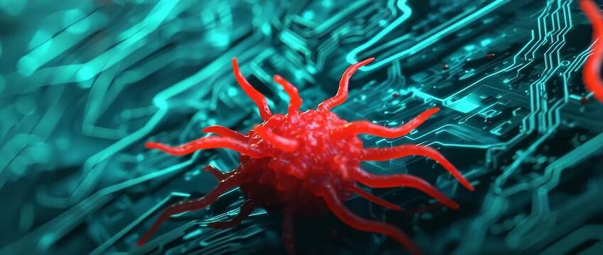 Red cell with pseudopods interacts with glowing blue circuit board background