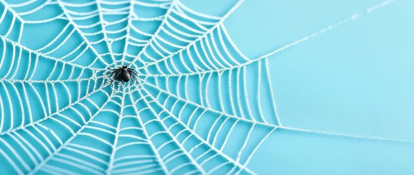 Black spider sits on intricate white cobweb against  bright turquoise blue background