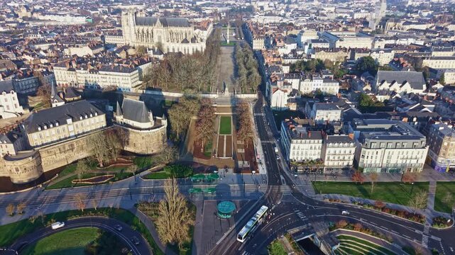 High drone view advancing over Place Mar&eacute;chal Foch , castle and Nantes historic landmarks