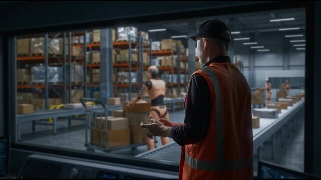 Industrial Workspace Showcasing Automated Sorting Systems And Human Oversight Of Packaging Process