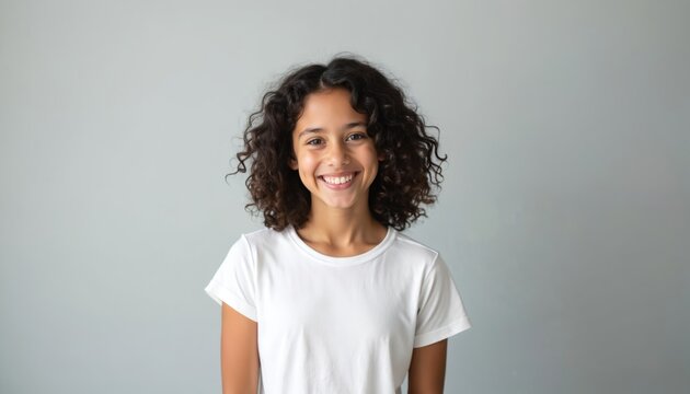 Smiling teen girl with curly dark hair wears white t-shirt. Studio portrait, light grey background. Youthful person looks directly at camera. Copy space available for text.
