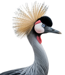 Fototapeta premium Close-up profile view of a grey crowned crane with golden crest isolated on transparent background