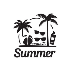 Obraz premium Tropical Summer Beach Vacation Concept With Palm Trees Sunglasses Ball And Sunscreen Silhouettes.