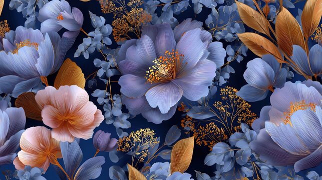Floral Symphony: A captivating pattern featuring exquisite blossoms and lush foliage, painted with a blend of soft hues that evokes a sense of tranquility and delicate beauty.