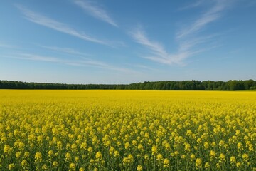 Obraz premium Vibrant yellow flower field under clear blue sky. Nature beauty inspires joy and relaxation. Perfect image for eco-friendly projects and outdoor adventures. Explore nature's tranquility.