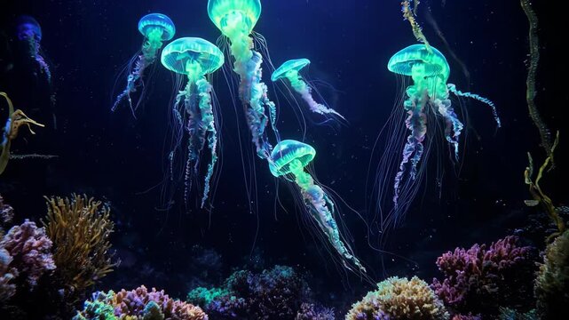 Bioluminescent Jellyfish and algae performing a slow, fluid dance in the abyssal darkness, with prismatic hues and delicate radiant patterns casting light on their surroundings