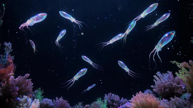 A school of bioluminescent fish and algae performing a slow, fluid dance in the abyssal darkness, with prismatic hues and delicate radiant patterns casting light on their surroundings