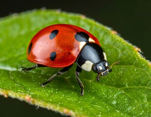 Fototapeta premium Close view of a ladybug on a green leaf in natural light during a sunny day in a garden setting Generative AI