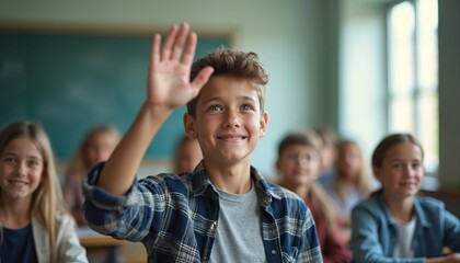Young boy raises hand in classroom. Students sit at desks in school. Children listen, learn, engage in education. Future minds participate actively in lessons. Smiling faces eager for knowledge.