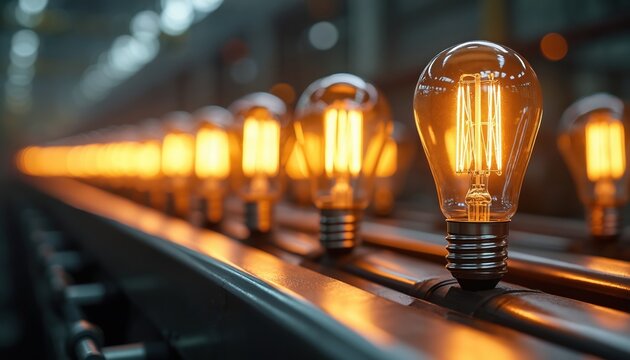 Glowing Edison bulbs move on industrial conveyor belt. Mass production of electricity, energy, and light in factory. Bright lamps on assembly line.