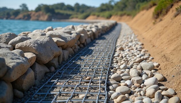 Gabion wall made of rocks and wire mesh secures coastline from erosion. Protective barrier built near blue sea water on sunny day. Construction for coastal defense system.