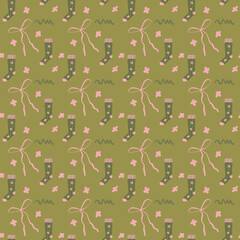 Cozy hand-drawn seamless pattern with cute socks, delicate elegant bows and decorative objects. Perfect for kids textiles, pajamas, nursery decor, wallpaper and clothing brand packaging.
