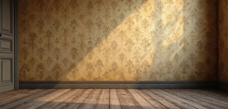 Empty vintage room interior with aged damask wallpaper and wooden floorboards. Sunlight streams across the textured wall and floor, creating shadow patterns.
