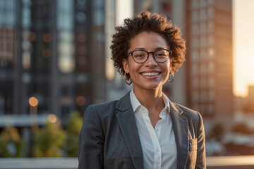 A black businesswoman wearing glasses and a suit is smiling for the camera in city. The image has a professional and confident mood