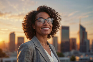 Afro woman with curly hair and glasses is smiling at the camera at sunset in cityscape. She is wearing a suit and standing in front of a city skyline