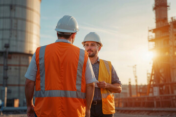 Two men in orange safety vests are talking to each other at factory. Inspector visits powerplant for inspection on sunset