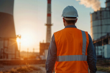 Inspector visits powerplant for inspection on sunset. Pro inspects thermal station