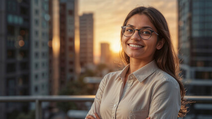 Happy woman is smiling and standing in front of a city skyline. She is wearing glasses and a white shirt
