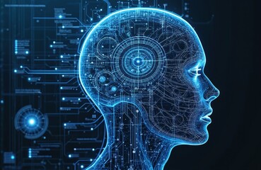 Glowing blue digital head profile shows complex circuitry, data streams. Futuristic AI brain visualization with neural network connections. Cybernetic mind structure with glowing nodes, lines,