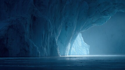 Majestic arctic glacier cavern with dramatic sunlight glowing on ice