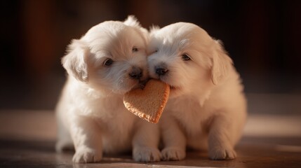 Two Cute White Fluffy Puppies Sharing a Heart Shaped Cookie