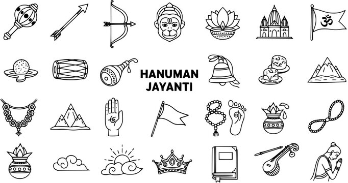 Hanuman Jayanti Icons: Line Art of Religious Symbols and Deities for Hindu Festival
