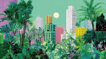 Colorful Tropical City Illustration with Skyscrapers and Lush Palm Trees