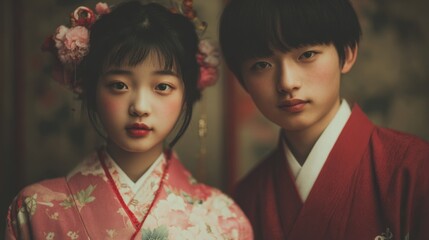 Japanese Boy and Girl in Traditional Kimono Cinematic Portrait