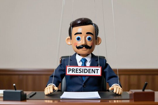 A wooden figurine man with moustache wearing suit, with PRESIDENT name plate, sitting behind an office desk, its moving parts controlled using attached pulling strings. Concept of a puppet president.