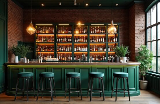 Green bar counter with shelves full of alcohol bottles and bar stools. Brick walls and large windows create a cozy loft interior. Ready for serving drinks.