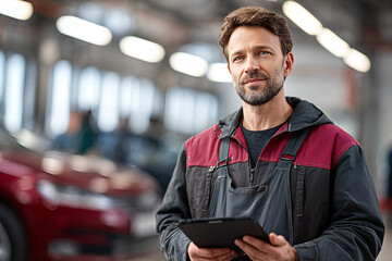 Confident auto mechanic using a tablet in a modern garage — professional car service technician inspecting vehicles in a bright workshop