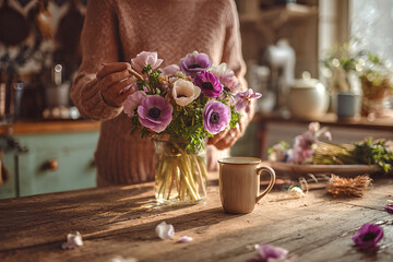 Cozy morning in a rustic kitchen: hands arranging a fresh bouquet of purple and white anemones in a glass vase beside a warm coffee mug on a wooden table