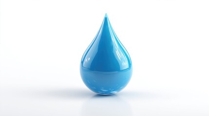 Glossy blue water droplet 3D render on a white reflective background