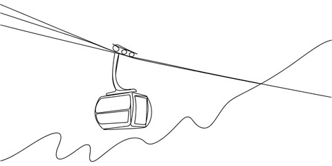 Cable car illustration, continuous one line drawing of cable car transportation in mountainous area, tourism travel adventure concept, single line vector style
