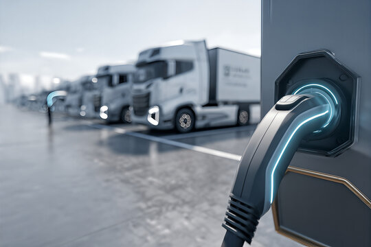 Electric semi-truck charging station with modern EV fleet at logistics depot, showcasing sustainable freight transport and fast-charging infrastructure